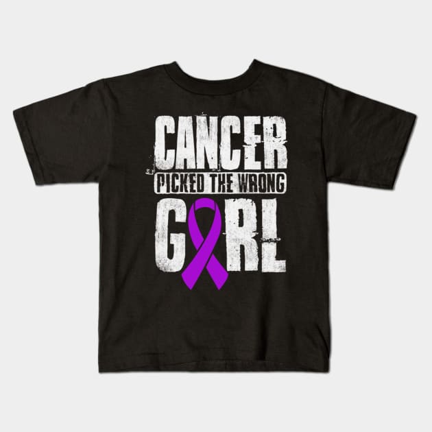 Cancer Picked The Wrong Girl Alzheimers Awareness Purple Ribbon Warrior Hope Kids T-Shirt by celsaclaudio506